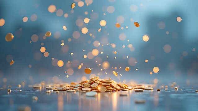 Golden rain: An ethereal cascade of coins against a dreamy backdrop evokes financial prosperity and the captivating allure of wealth and abundance