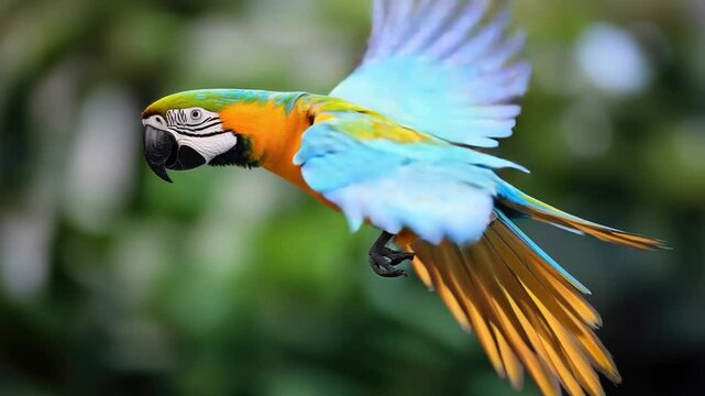 A vibrant parrot soaring through the air with feathers spread, perfect for wildlife or nature-themed designs