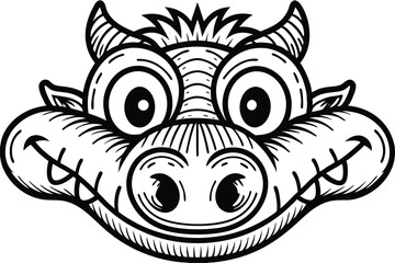Cartoonish dragon face with horns, big eyes, and a friendly smile is sketched