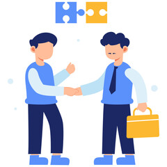 Obraz premium Two Businessmen Shaking Hands Representing Cooperation and Strategic Partnership Through Puzzle Piece Connection