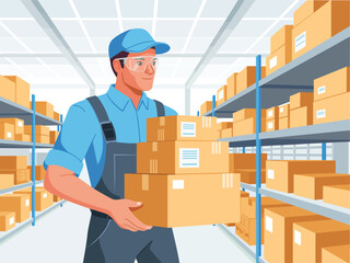 Warehouse Worker Handling Packages A Flat Vector Illustration