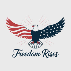 Obraz premium Red and navy flying eagle with flag-styled feathers and freedom rises inspirational patriotic quote 