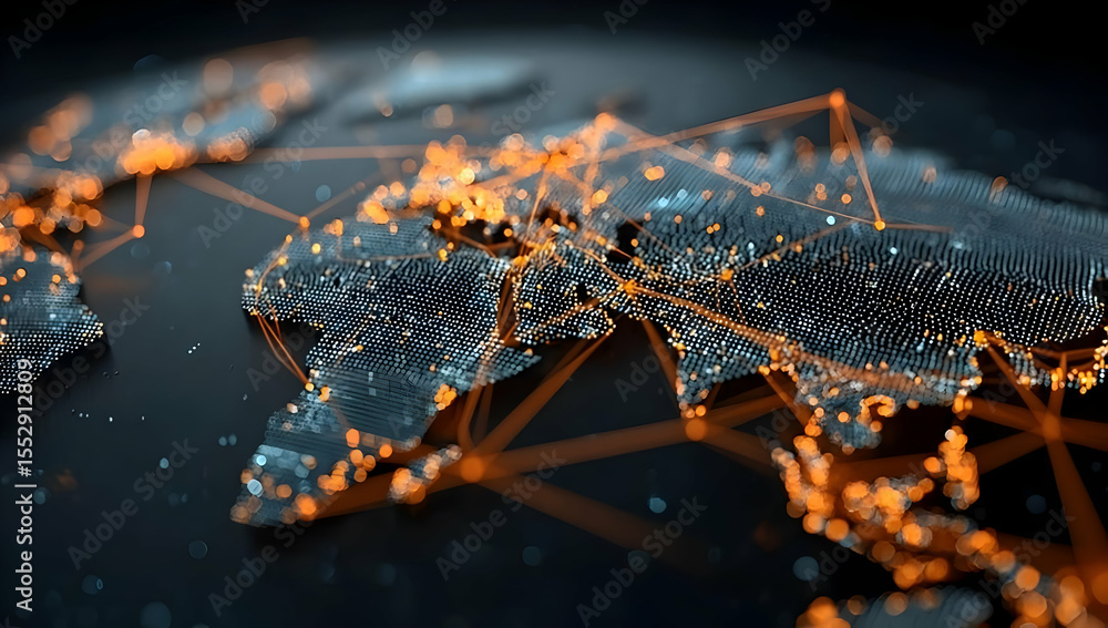 Poster a detailed view of a digital world map highlighting global connectivity with vibrant lights and netw
