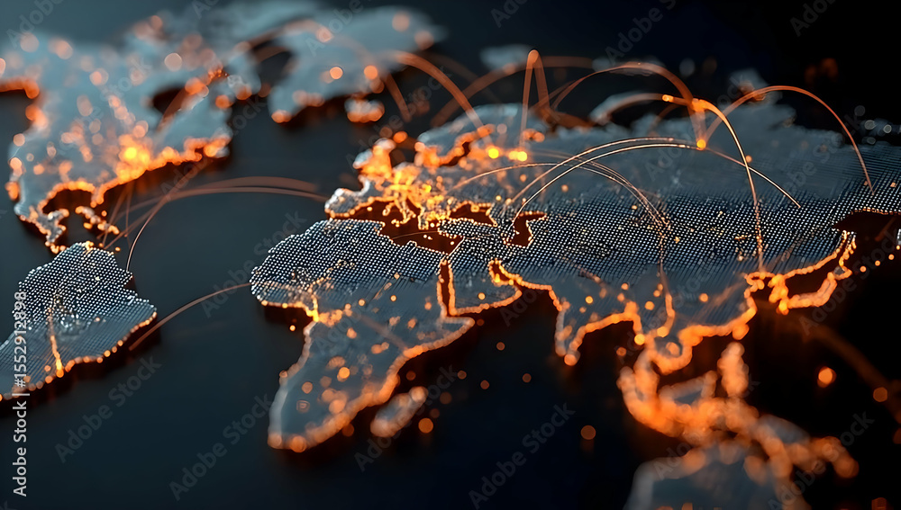 Poster a digital map of the world illuminated with glowing connections, representing global communication a
