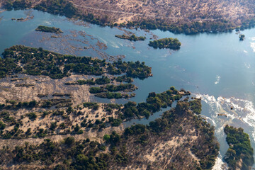 aerial view of Zambezi River near Victoria Falls National Park in Zambia