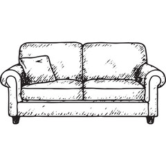 Hand-drawn sketch of a plush two-seater sofa with cushions, perfect for cozy living room settings, ideal for interior design and furniture illustration