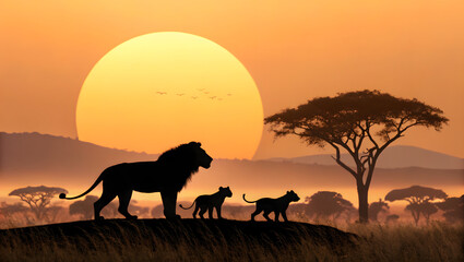 Fototapeta premium Lion family silhouettes at sunset with warm orange sky