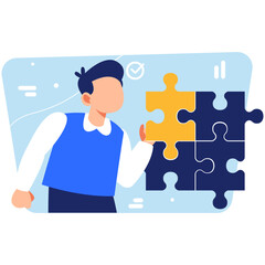 New team member collaborates in a creative workspace by solving problems using puzzle pieces to complete team goals and strategy