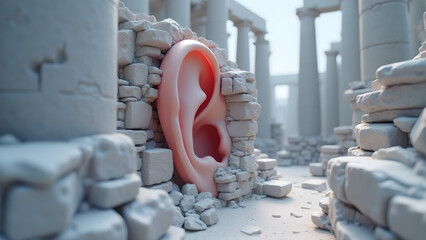 A surreal auditory experience an ear emerges from the weathered ruins inviting contemplation on the power of listening within history's echoes as ancient civilizations silently whisper to the present