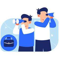 Boys exploring new opportunities with binoculars symbolizing vision, ambition, and curiosity in a bright environment