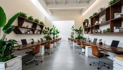 Large open office space with many desks and chairs, and a lot of plants