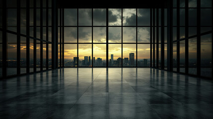 Modern office interior with large windows showcasing a dramatic sunset over city skyline, minimalistic design, and expansive space ideal for various uses