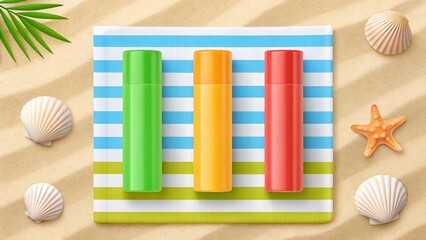 Three colorful sunscreen bottles arranged on a striped beach towel with seashells and a starfish on sand