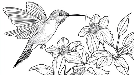 Hummingbird feeding on flower, line art illustration, nature scene, decorative