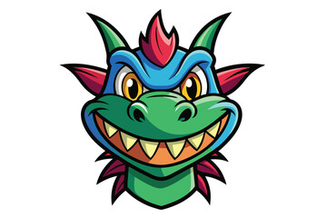 Cartoonish dragon face with green, blue, and red scales grins menacingly at the viewer