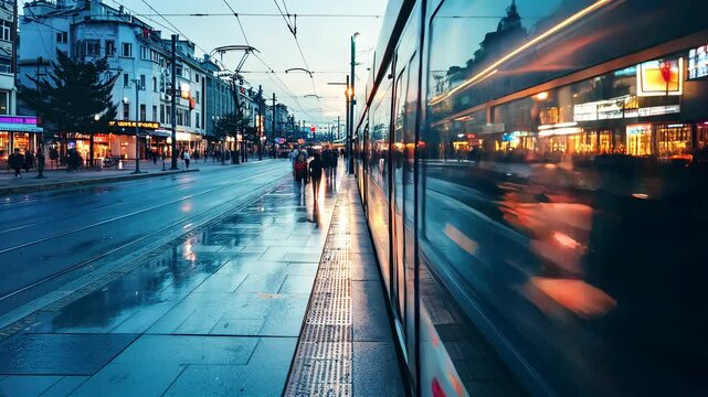 City commuters boarding tram and bus in motion at modern illuminated street at dusk