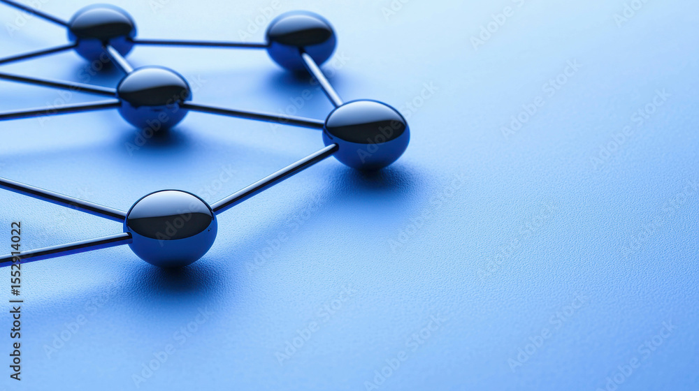 Poster abstract representation of molecular structures with dark spheres connected by lines on a blue backg