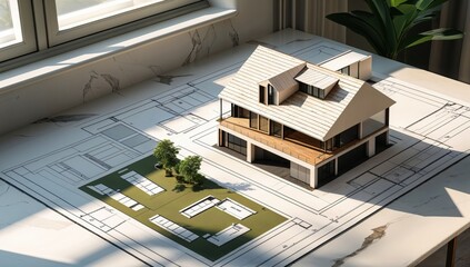 Model of a house is on a table with a window behind it