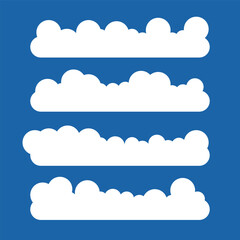 Flat cloud. Simple cloudy shapes. Cartoon white puffy, fluffy and cumulus clouds in blue sky. Abstract comic weather elements. Objects cloudscape for game. 