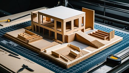 Model of a house is on a blue mat