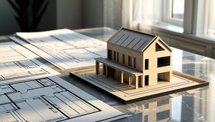Model of a house is sitting on a table with blueprints of the house