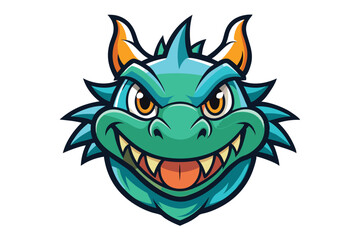 Cartoon green and blue dragon head shows its teeth while smiling broadly