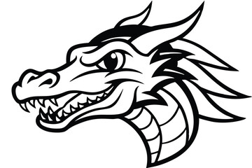 Fierce dragon head shows sharp teeth and strong gaze, outlined in black
