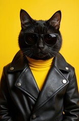 Cool black cat dressed in biker leather jacket and sunglasses isolated on bright yellow background. Stylish animal character in fashion clothes. Pet with fur on head. Creative animal concept.