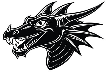 Ferocious dragon head with sharp teeth in monochrome black and white style looks threatening