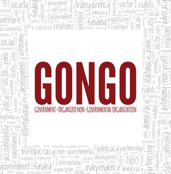 GONGO - Government-organized Non-governmental Organization word cloud conceptual design isolated on white background.