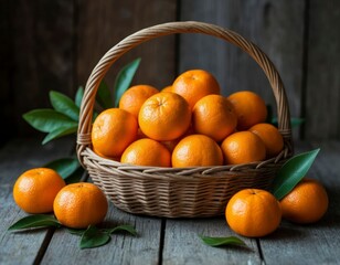 Rustic Basket of Tangerines on Wooden Table