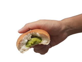 Bread stuffed with custard in hand, white background