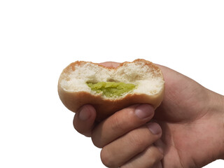 Bread stuffed with custard in hand, white background