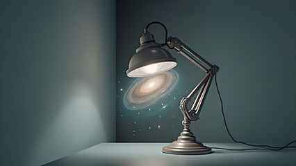 Illuminating the cosmos: A conceptual image of a desk lamp casting a galaxy light in a minimal setting revealing universe wonders