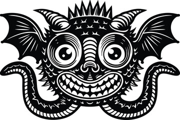 Bold black horned dragon grinning with bat wings and reptilian tails looks impressive