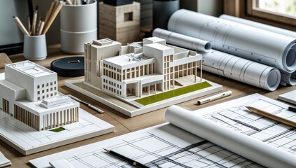 Table with a model of a building and drawings of the building
