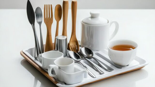 A tray with silverware and a cup of tea