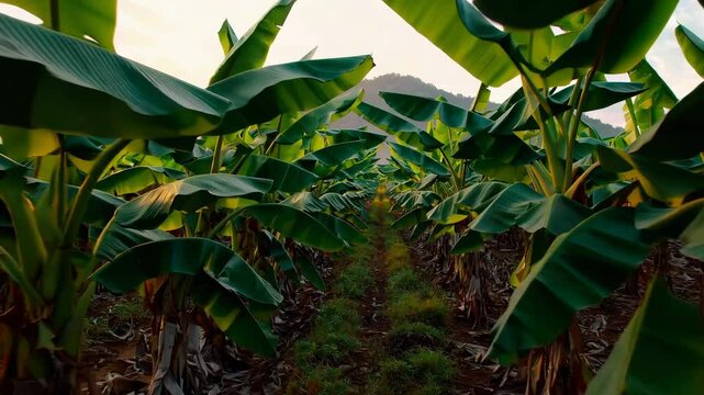Lush banana plantation at sunset showcasing vibrant greenery and tranquil farming life