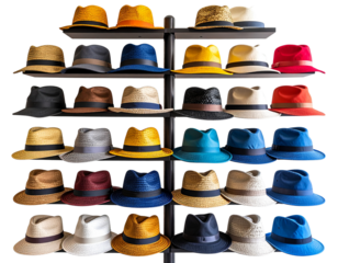 Colorful Assorted Hats on Display Stand, isolated on transparent background PNG