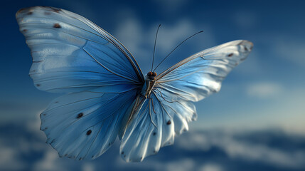 A beautiful blue butterfly flies gracefully against a blue sky, symbolizing freedom, elegance, and the serene beauty of nature's creations.