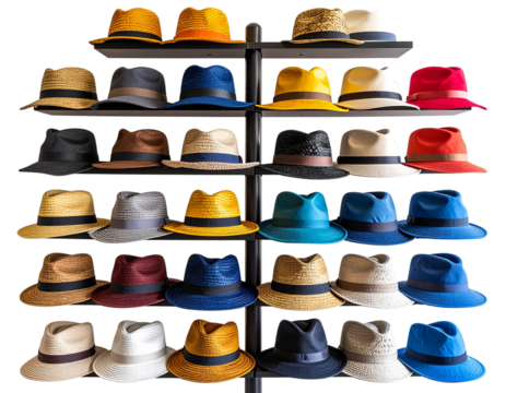 Colorful Assorted Hats on Display Stand, isolated on transparent background PNG