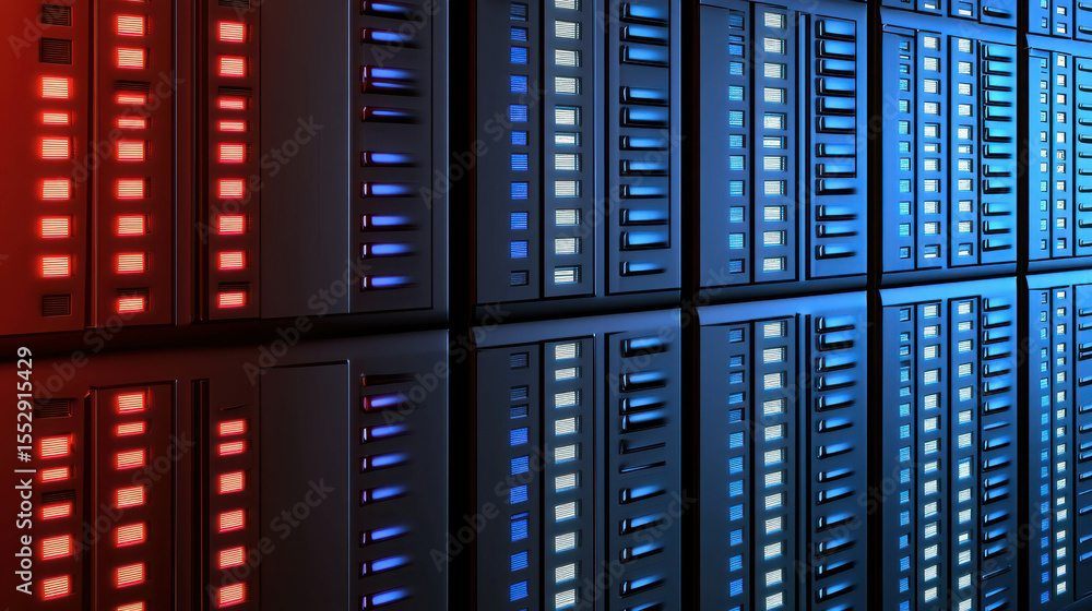 Poster digital server racks with colorful led indicators showing active connections in a modern data center