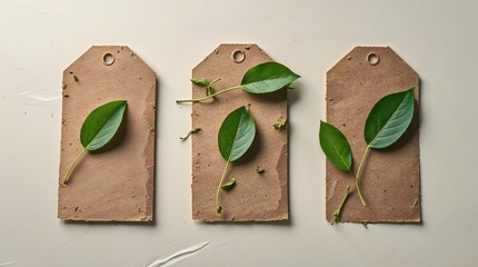 Three tags with leaves on them are arranged on a white background