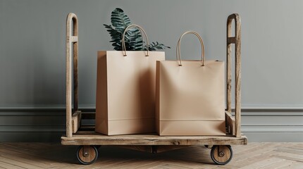 Two brown paper bags are on a cart