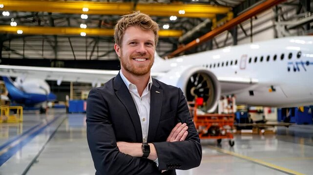 Young aerospace engineering director standing confidently inside aircraft production facility with modern jet engine behind