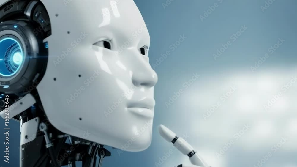 Poster a white robot is deep in thought, its internal mechanisms visible