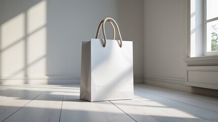 White bag with a brown handle sits on a wooden floor