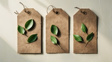 Three tags with leaves on them are hanging on a wall