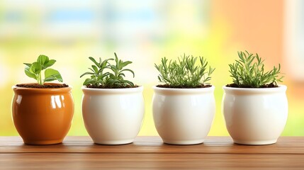 Fototapeta premium Four Herb Plants in Pots on Wooden Table