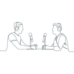 Engaging Line Art of Podcast Hosts in a Dynamic Conversation